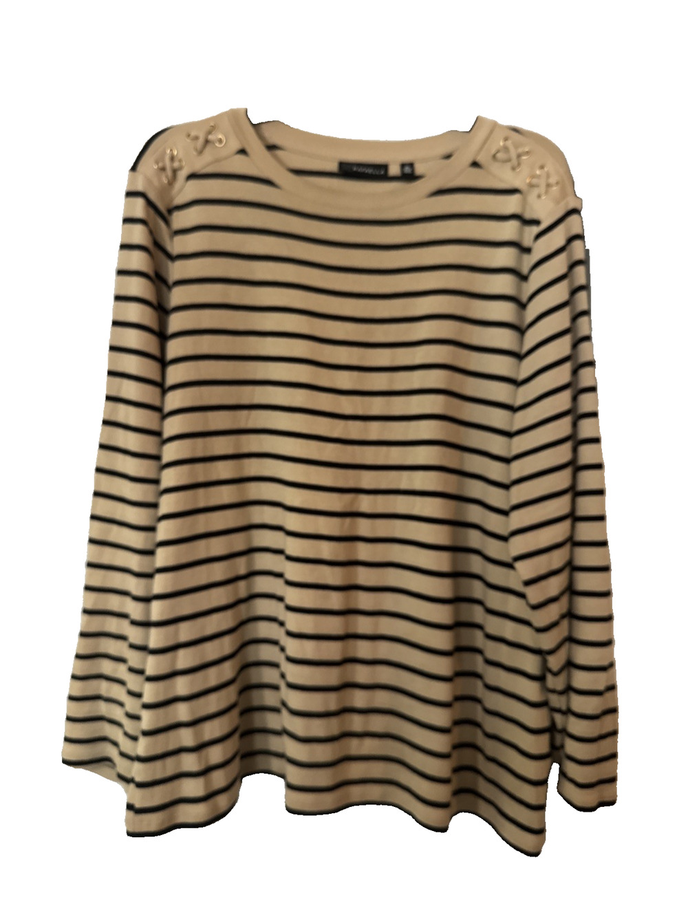 Rafaella Women's Plus Long Sleeve Round Neck Top Size 1x Tan/Black Stripes #92